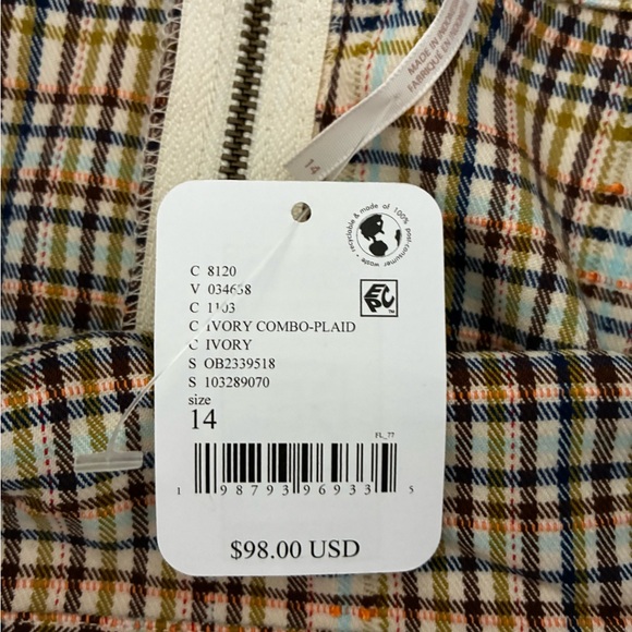 Free People Multicolor Plaid A-Line Mini Skirt. Pleaded. Ivory Combo. Size 14. - Picture 4 of 7